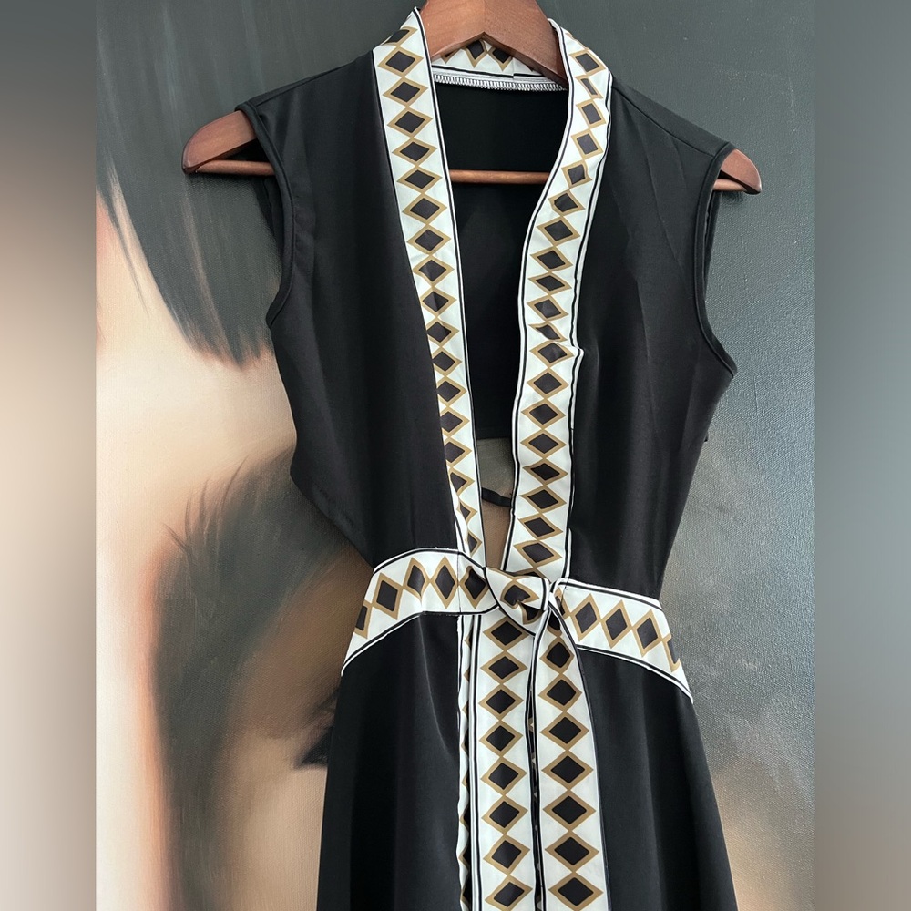 Black Maxi Dress with Ivory Geometric Trim and Front Slit - Picture 9 of 11